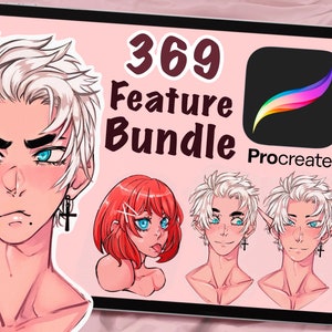 May include: A digital illustration of four anime-style characters on a pink background. The characters have white hair and blue eyes. The text "369 Feature Bundle Procreate" is displayed on the image.