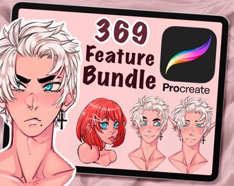 Könnte beinhalten: Eine digitale Illustration von vier Anime-Charakteren auf rosa Hintergrund. Die Charaktere haben weißes Haar und blaue Augen. Der Text "369 Feature Bundle Procreate" ist auf dem Bild zu sehen.