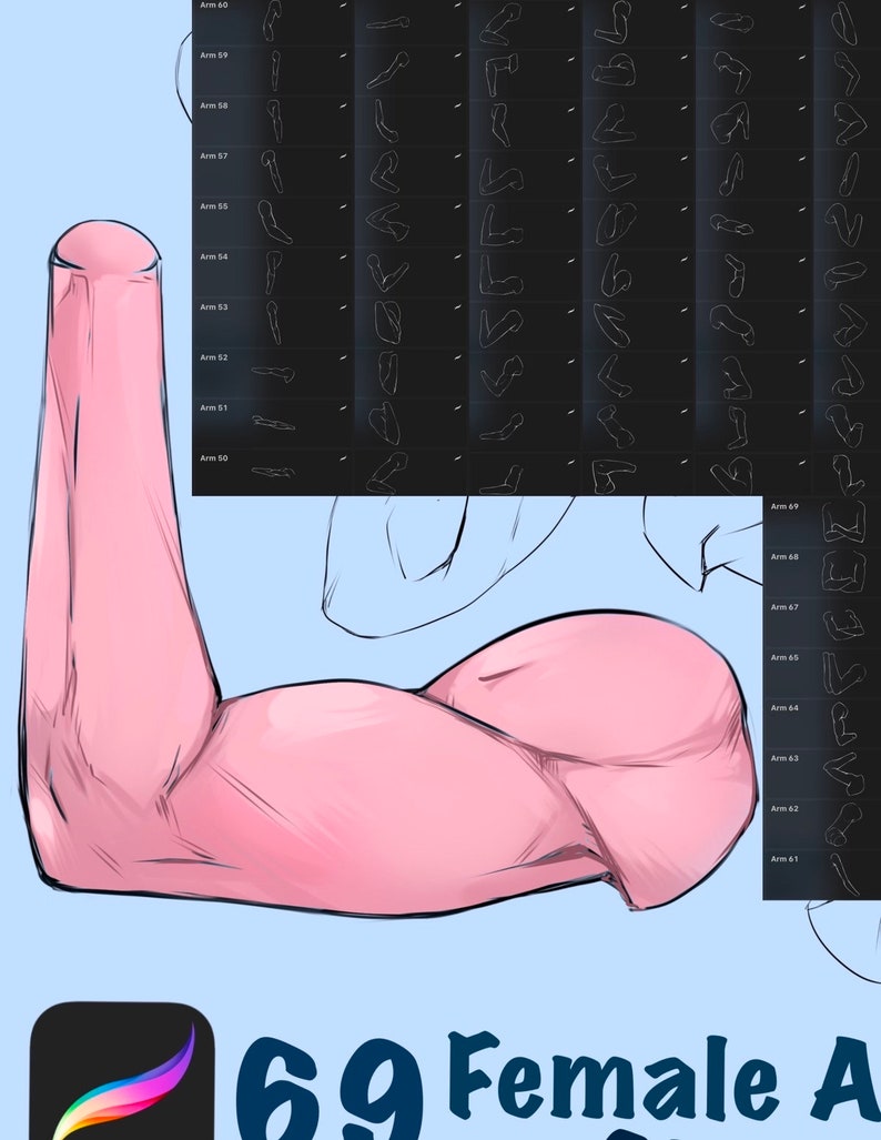 Puede incluir: Una ilustraci&oacute;n digital de un brazo femenino con un b&iacute;ceps flexionado. El brazo es rosa y tiene un fondo azul claro. La imagen est&aacute; etiquetada como "69 Brazos Femeninos".