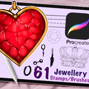 May include: A digital illustration of a red heart-shaped gemstone pendant with a gold setting. The image also includes a variety of other jewelry designs, including chains, earrings, a crown, and a feather. The text "061 Jewellery Stamps/Brushes" is visible at the bottom of the image.