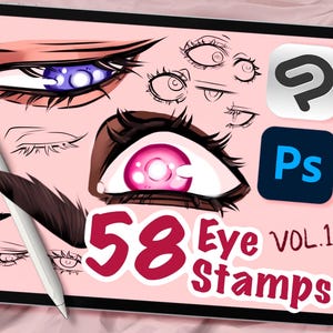 58 Anime Eye Stamps VOL. 1, Clip Studio en Photoshop, Hulp bij digitale kunst, Lineart anime of cartoon, Poseren