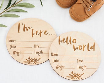 Birth Announcement Plaque | Wooden Baby Announcement | Hello World | Wooden Plaque | Name Plaque | i'm here