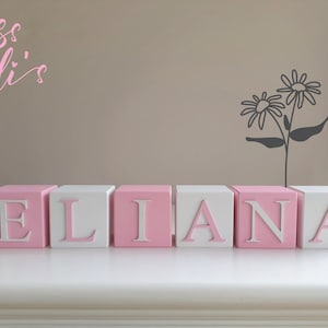 Puede incluir: Bloques de madera rosa y blancos que deletrean el nombre "ELIANA". Los bloques están dispuestos en línea sobre una superficie blanca. Una silueta negra de una flor está en el fondo.