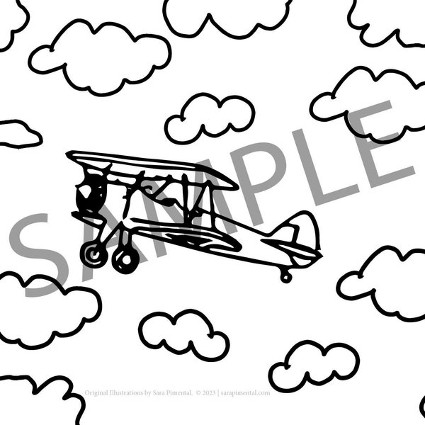 Biplane in the Clouds Coloring Page - Digital Download - Vintage Aircraft Adventure - Instant Printable