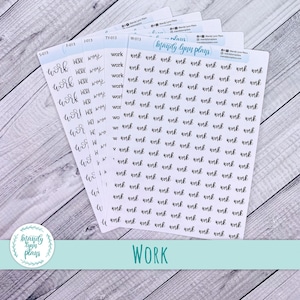 May include: White sticker sheets featuring the word "work" in a handwritten font. The stickers are in various sizes and styles. The image also includes the text "Mandy Lynn Plans" and the word "WORK" at the bottom.