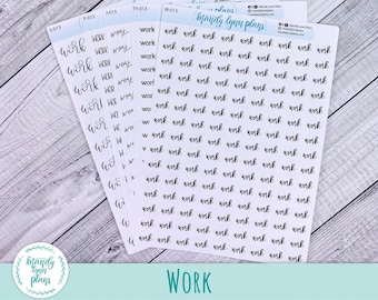 May include: White sticker sheets with the word "work" in a handwritten font. The stickers are arranged in various sizes and styles. The image also includes the text "Mandy Lynn Plans" and the word "WORK" at the bottom.