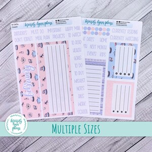 May include: Two sheets of planner stickers in pastel pink, blue, and purple. The stickers feature labels like "Birthdays," "Must Do," and "To Do," alongside decorative teacups and circles. The text "Multiple Sizes" is displayed at the bottom of the image.