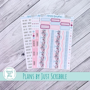 May include: A collection of planner stickers with a floral and wave design in pink, blue, and white. The stickers include labels for the days of the week, to-do lists, and other planning needs. The text "Plans by Just Scribble" is visible.