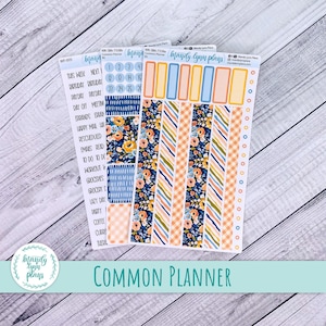May include: Planner stickers featuring floral, plaid, and striped designs in blue, orange, and yellow. The stickers include labels for tasks and days of the week. The text "Common Planner" is at the bottom.