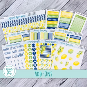 Lemons Add-Ons || Washi, Clipart Deco, Full Boxes, Colored Scripts, Icons, Trackers, Labels || Removable Matte Stickers || 124