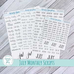 May include: A set of four sheets of clear planner stickers with black text. The stickers feature various words and phrases related to the month of July, including "July", "Church", "Trash", "Birthday", "Payday", "Date Night", "No School", "Bill Due", "To Do", "Day Off", "Vacation", "Independence Day", and "Recycle".