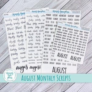 May include: A collection of white sticker sheets with black handwritten text, including the word "August" and various daily and monthly planner phrases. The brand name "Mandy Lynn Plans" is visible. The stickers are designed for planning and organization.