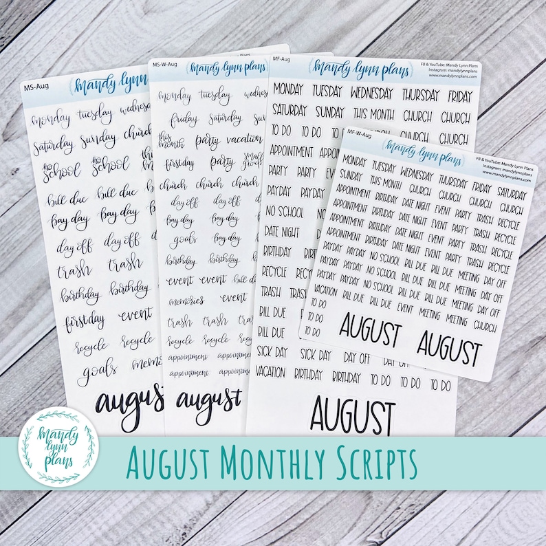 May include: A collection of white sticker sheets with black handwritten text, including the word "August" and various daily and monthly planner phrases. The brand name "Mandy Lynn Plans" is visible. The stickers are designed for planning and organization.