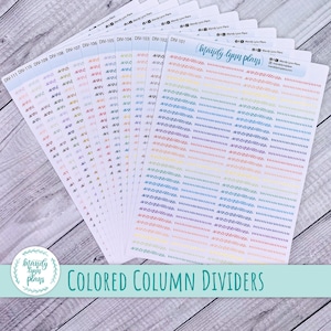 May include: A sheet of colorful patterned stickers for use as column dividers in a planner or journal. The stickers feature a variety of geometric patterns in a rainbow of colors. The sheet is labeled "Colored Column Dividers" and includes the brand name "Mandy Lynn Plans".