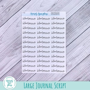 May include: A white sticker sheet featuring thirty-six individual black script text labels that read blood pressure. The sheet includes the branding Mandy Lynn Plans at the top with social media handles and the product code J-122 in the corner.