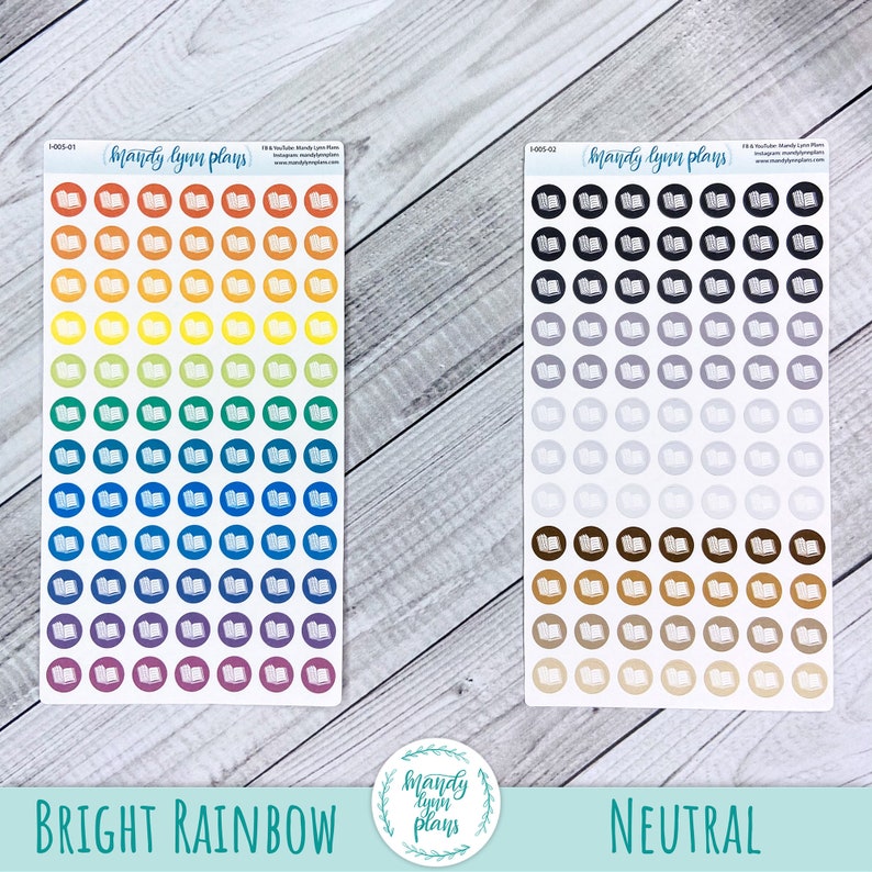 May include: Two sheets of stickers featuring a book icon in a variety of colours. The first sheet has a rainbow colour scheme, and the second sheet has a neutral colour scheme. The text "Mandy lynn plays" is at the top of each sheet. The text "BRIGHT RAINBOW" is at the bottom of the first sheet, and the text "NEUTRAL" is at the bottom of the second sheet.