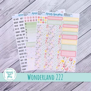 May include: Planner stickers with floral and geometric patterns in pastel colors. The stickers include labels for daily tasks, appointments, and notes. The text "WONDERLAND 222" is at the bottom. The brand name "Mandy Lynn Plans" is visible.