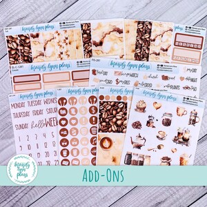 May include: A collection of planner stickers with a coffee theme. The stickers feature coffee beans, cups, and other coffee-related graphics in shades of brown and beige. The text "ADD-ONS" is at the bottom.