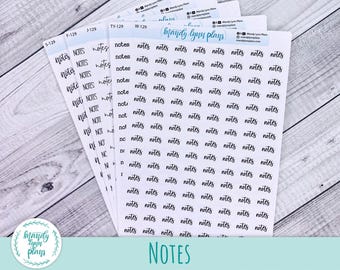 May include: Several sheets of white planner stickers with the word "notes" in a handwritten font. The stickers are arranged in a fan shape, with the text "Mandy Lynn Plans" visible. The word "NOTES" is printed in a larger font at the bottom.
