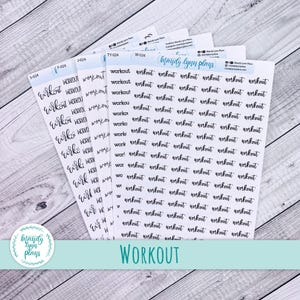 May include: Several white sticker sheets with the word "workout" in a handwritten font. The stickers are for planning and organizing. The brand name "Mandy Lynn Plans" is also visible.