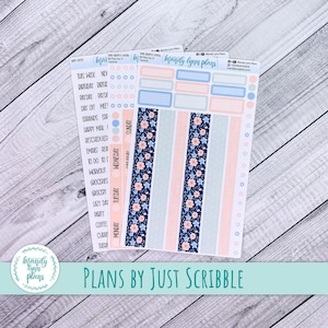 May include: Planner stickers featuring floral and stripe patterns in blue, pink, and mint green. The stickers include labels for days of the week and various activities. The brand name "Mandy Lynn Plans" is visible.