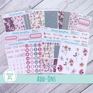 May include: A collection of planner stickers with floral and dot patterns in shades of pink, purple, and beige. The stickers include functional labels, decorative elements, and calendar stickers. The text "ADD-ONS" is visible.