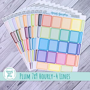 May include: A set of 12 colourful planner stickers with a 7x9 hourly grid and 4 lines for writing. The stickers are labelled "PLUM 7X9 HOURLY - 4 LINES".