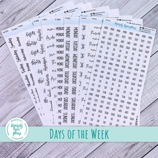 Days of the Week Script Planner Stickers | White or Clear Matte