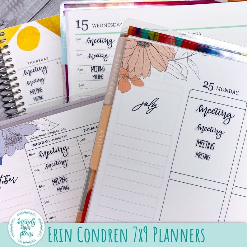 May include: A collection of Erin Condren 7x9 planners featuring daily schedule pages with hourly time slots, floral illustrations, and printed text including 'meeting', 'July', 'Monday', 'Wednesday', 'Thursday', and 'Indigenous peoples' day'.