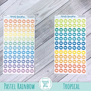 May include: Two sheets of stickers featuring an open book design. The sheet on the left has a pastel rainbow colour scheme. The sheet on the right has a tropical colour scheme. Both sheets have the text "brandy lynn plans" at the top.