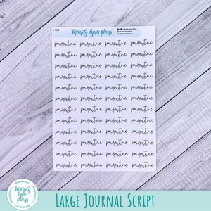 Puede incluir: Una hoja de pegatinas blanca con varias filas del texto pm routine impreso en una fuente cursiva negra. La parte superior de la hoja incluye el nombre de la marca mandy lynn plans e iconos de redes sociales. Las pegatinas est&aacute;n en cuadr&iacute;cula.