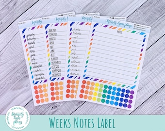 May include: Three printable planner stickers with a rainbow border and a row of colorful dots at the bottom. The stickers are labeled "January - December" and "Notes". The stickers are part of a set called "Mandy Lynn Plans".