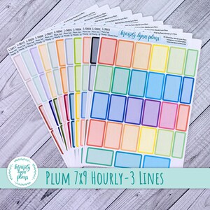 May include: A set of colourful hourly planner stickers with a 7x9 grid and three lines for writing. The stickers are labelled "Plum 7x9 Hourly - 3 Lines" and are designed for use in a planner or journal.