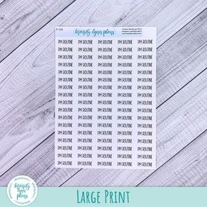 Puede incluir: Una hoja de pegatinas rectangular con varias filas de texto negro que dice PM ROUTINE en una fuente sans-serif simple. La parte superior de la hoja incluye el texto mandy lynn plans e informaci&oacute;n adicional de redes sociales.