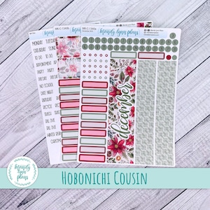 May include: A collection of planner stickers for a Hobonichi Cousin, featuring floral designs and functional labels. The stickers include labels for appointments, parties, and dates, with a color scheme of pink, green, and white. The word "December" is also visible.