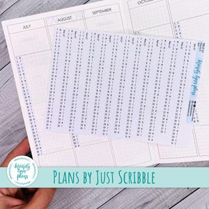 May include: A white sticker sheet featuring vertical calendar date columns for the year 2027, labeled with months from February to December. The sheet includes the text Mandy Lynn Plans and is placed over a planner page with grid lines and month headers.