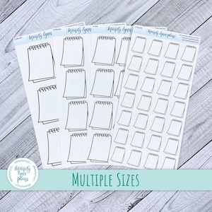May include: A sheet of planner stickers with multiple sizes of blank notepad stickers. The stickers are black and white and have a simple design. The sheet is labeled "Mandy Lynn Plans" and "Multiple Sizes".