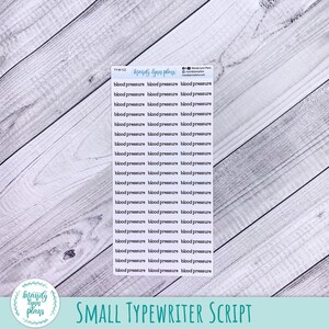 May include: A rectangular sheet of white adhesive stickers featuring the text blood pressure printed in a small black typewriter font. The sheet contains multiple rows and columns of these labels, with the brand name Mandy Lynn Plans at the top.