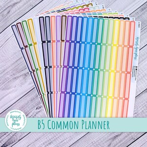 May include: A set of colorful B5 planner stickers with blank rectangular boxes. The stickers are arranged in a rainbow pattern and have a white border. The stickers are labeled "Mandy Lynn Plays" and "B5 Common Planner".