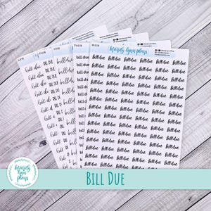 May include: Five white sticker sheets featuring the black text "bill due" in various fonts and styles. Each sheet includes the brand name "mandy lynn plans" at the top. The stickers are arranged in rows and columns, designed for organization and planning.