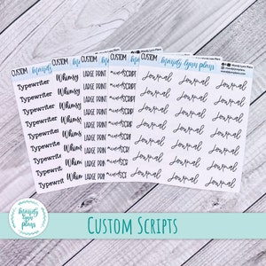 May include: A set of clear sticker sheets with black text. The sheets feature different font styles for the words "Typewriter", "Whimsy", "Large Print", "Mixed Script", and "Journal".