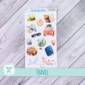 Reise, Globus, Auto, Flugzeug, Road Trip, Reisepass, Karte, Kompass, Bike Doodle Deco Planer Sticker || Abnehmbare Weiße Matte Sticker || T-028