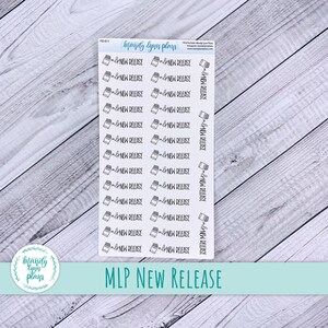 May include: A sheet of stickers with the text "MLP NEW RELEASE" and multiple stickers with the text "NEW RELEASE" and a small book icon.