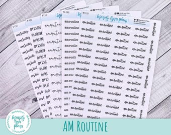 May include: Five white sticker sheets featuring the black text am routine in various fonts and styles. Each sheet includes multiple rows of the same phrase. The top of each sheet displays the brand name Mandy Lynn Plans and social media icons.