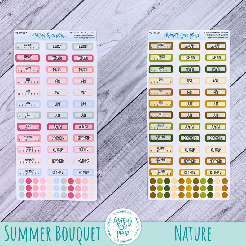 Puede incluir: Dos hojas de pegatinas para planificador mensual con diferentes esquemas de colores. La primera hoja se llama "Summer Bouquet" y presenta colores rosa pastel, azul y verde. La segunda hoja se llama "Nature" y presenta colores marr&oacute;n, verde y amarillo. Ambas hojas tienen una cuadr&iacute;cula de 12 meses, con cada mes etiquetado en texto negro.
