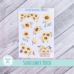 May include: A sheet of sunflower themed planner stickers with a basket of sunflowers, individual sunflowers, and a banner that reads "Sunflower Patch".