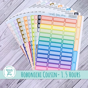 May include: A set of 12 colorful planner stickers with blank rectangular spaces for writing. The stickers are labeled with numbers and are designed for use with the Hobonichi Cousin planner. The text "Hobonichi Cousin - 1.5 Hours" is printed at the bottom of the image.