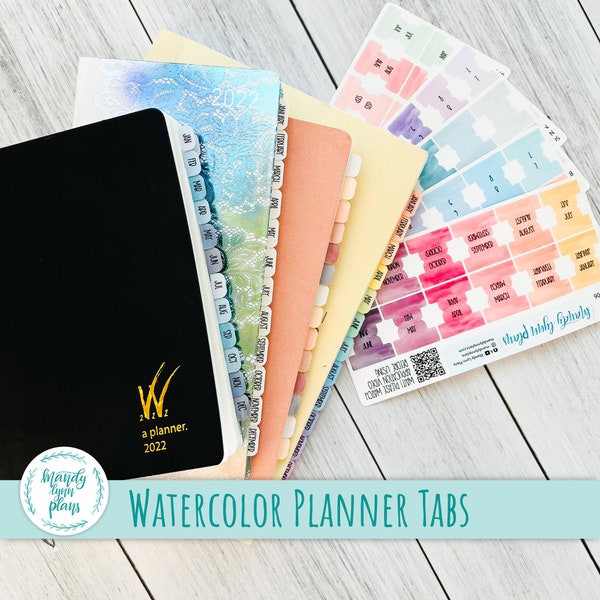 Watercolor Planner Tabs || Month Name, Number, Blank Tab || 12 Colorway Options || Smooth, Water-Resistant, Polyester, Premium Matte Sticker