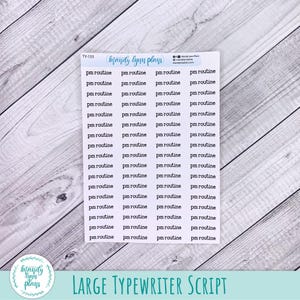 Puede incluir: Una hoja de pegatinas blanca con varias filas del texto pm routine impreso en una fuente negra estilo m&aacute;quina de escribir. La parte superior de la hoja incluye el texto TY-133, la marca Mandy Lynn Plans e iconos de redes sociales.