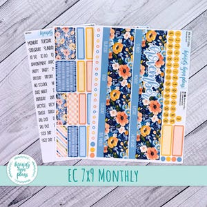 May include: Planner stickers featuring floral patterns and the word "November". The stickers include labels for days of the week, dates, and various events. The colour palette includes blue, orange, and yellow. The text "EC 7x9 Monthly" is also visible.